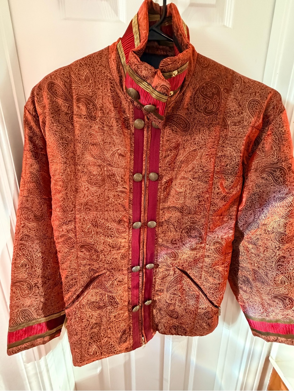 Vintage 90s Bogner Sparkle Orange Paisley Ski Jacket Sz 12 Hussar Military Style